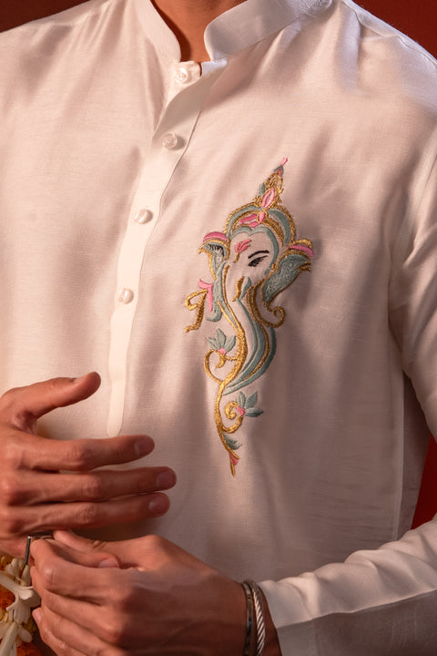Ekanth — White Thread Embroidered Falling Raw Silk Kurta