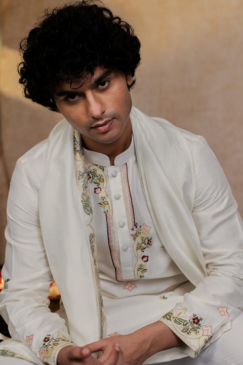 Geometric Symphony — Geometric Embroidered Falling Raw Silk Kurta