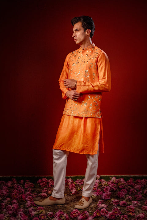 Dhew β Orange Hand Embroidered Falling Raw Silk Nehru Jacket Set