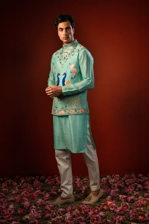 Sharav — Aqua Blue Hand Embroidered Falling Raw Silk Nehru Jacket Set