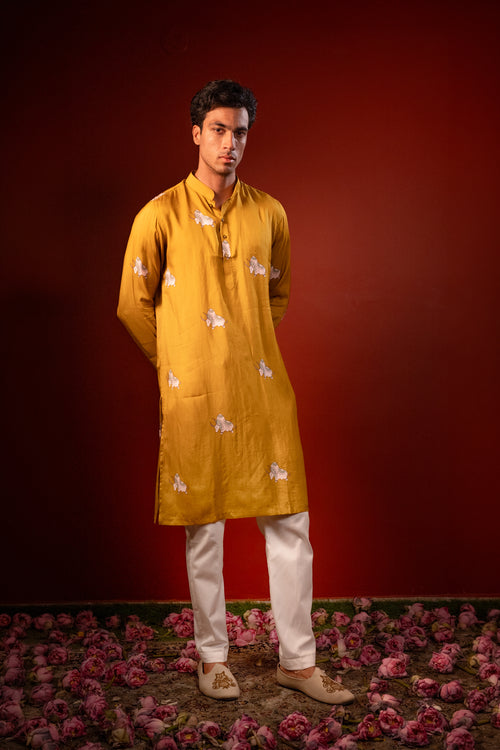 Eshaan — Mustard Printed Falling Raw Silk Kurta