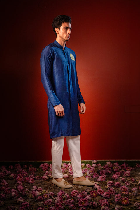Durja — Navy Thread Embroidered Falling Raw Silk Kurta