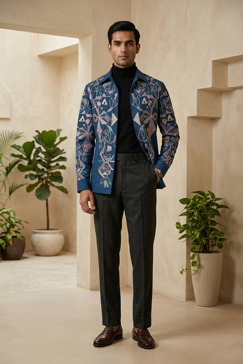 Savio — Sea Blue Thread Embroidered 4-Way Stretch Shacket