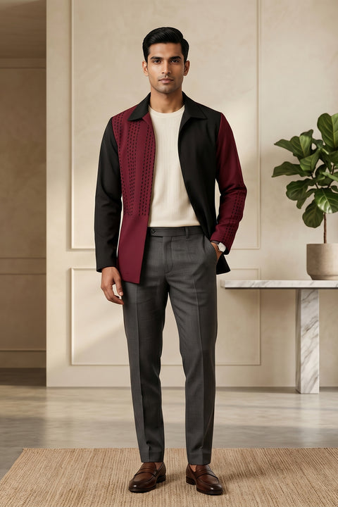 Shadeform — Burgundy Thread Embroidered British Fabric Shacket