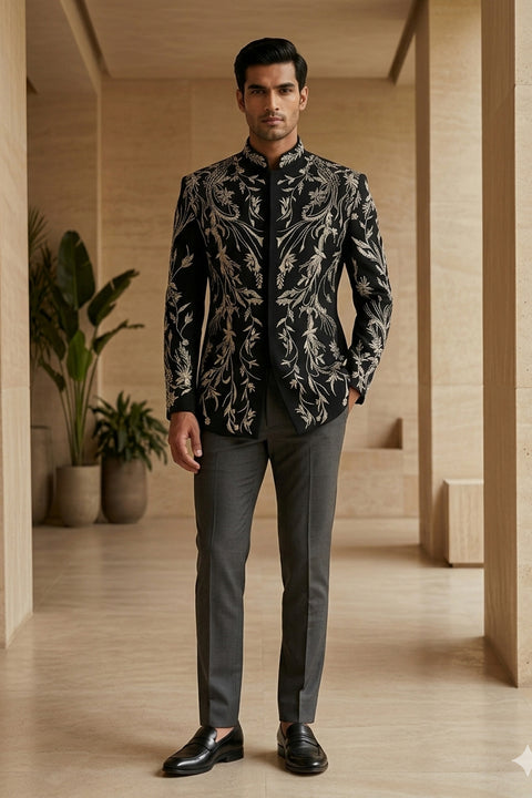 Leone β Black Hand Embroidered British Fabric Indo-Western