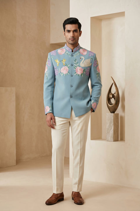 Swan Royale β Sea Blue Thread Embroidered Premium Indo-Western
