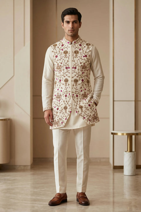 Shikar β Hand Embroidered Dupion Silk Nehru Jacket Set