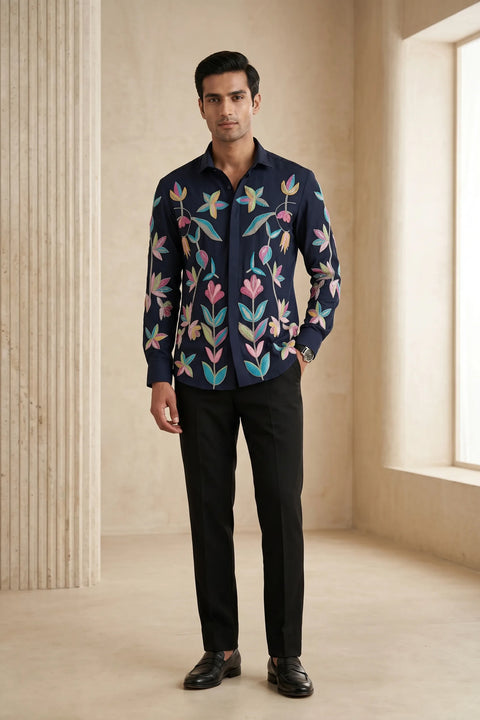 Fiesta — Midnight Blue Thread Embroidered 4-Way Stretch Shirt