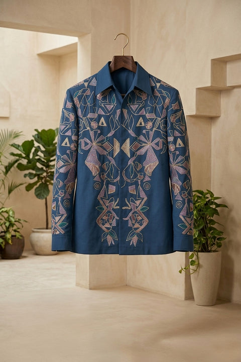 Savio — Sea Blue Thread Embroidered 4-Way Stretch Shacket