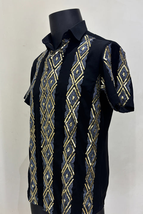 Kairo — Black Hand Embroidered Armani Fabric Shirt