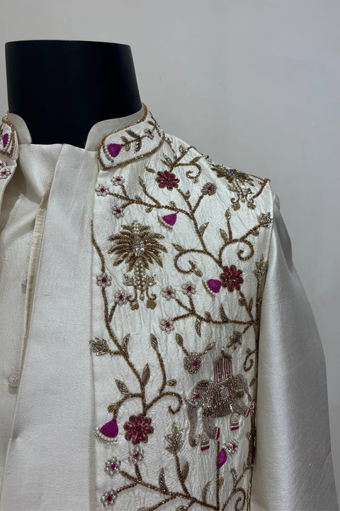 Shikar β Hand Embroidered Dupion Silk Nehru Jacket Set