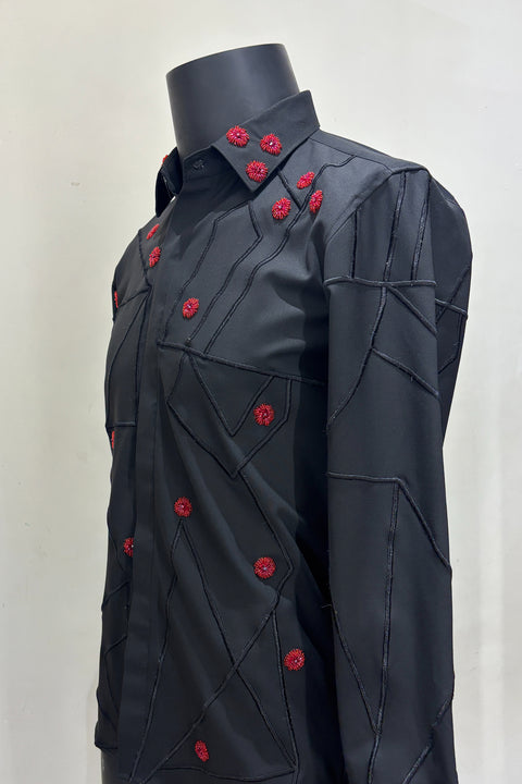 Zyra — Black Hand & Thread Embroidered 4-Way Stretch Shirt