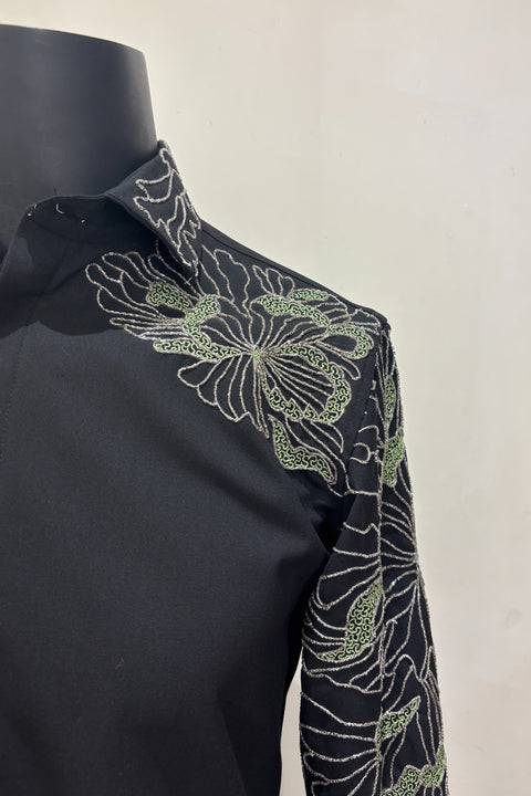 Solaro — Black Hand Embroidered Armani Fabric Shirt