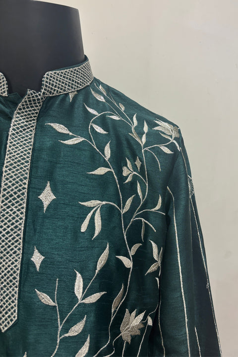 Naksh — Bottle Green Thread Embroidered Falling Raw Silk Kurta