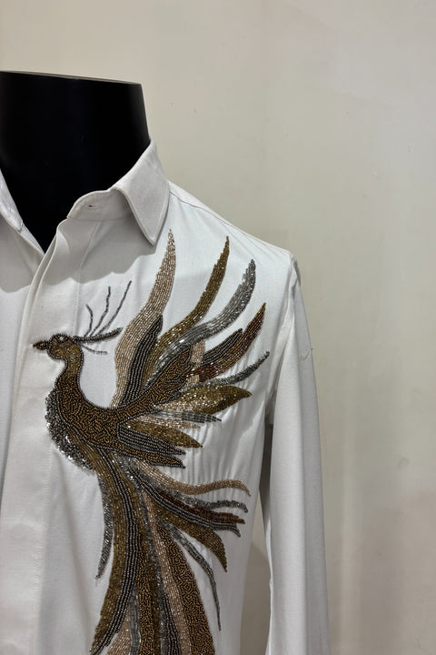 Plumage — White Hand Embroidered Armani Fabric Shirt
