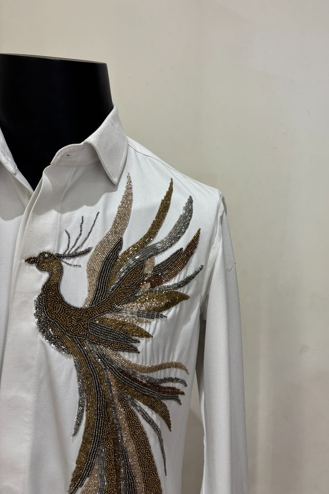 Plumage — White Hand Embroidered 4-Way Stretch Shirt