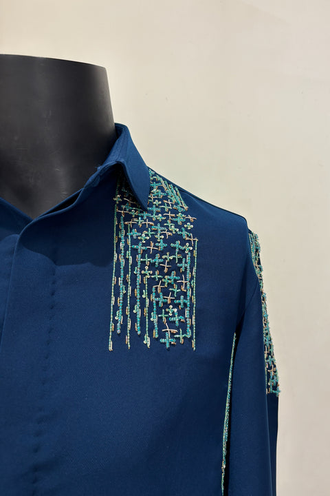 Mosaic — Teal Hand Embroidered Premium Shirt