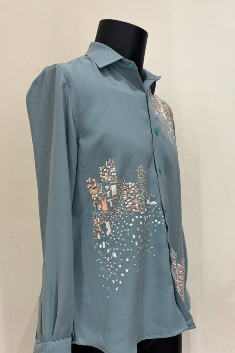 Celio — Sea Green Thread Embroidered Armani Fabric Shirt