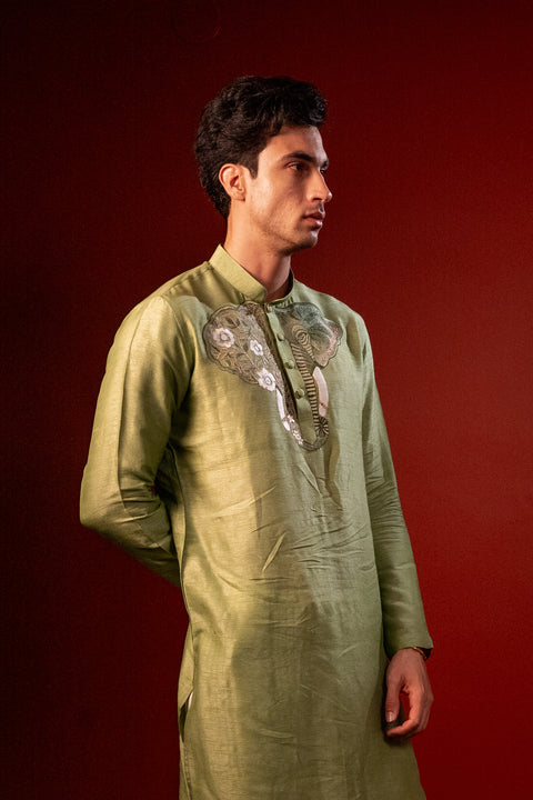 Siddhi — Olive Green Thread Embroidered Falling Raw Silk Kurta