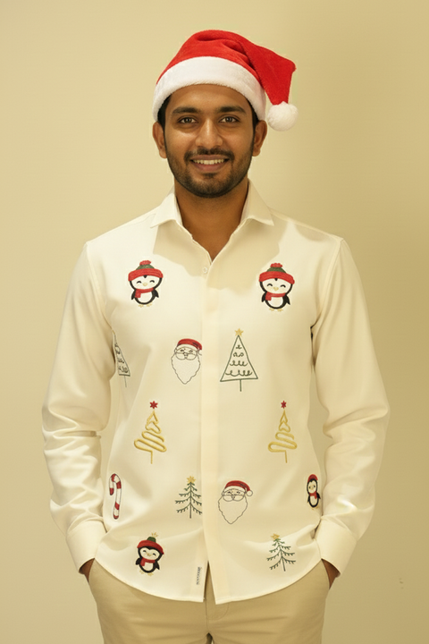 Merry Motifs β Cream Festive Embroidered Armani Fabric Shirt