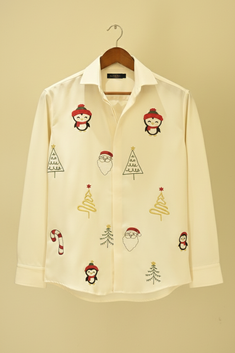 Merry Motifs β Cream Festive Embroidered Armani Fabric Shirt