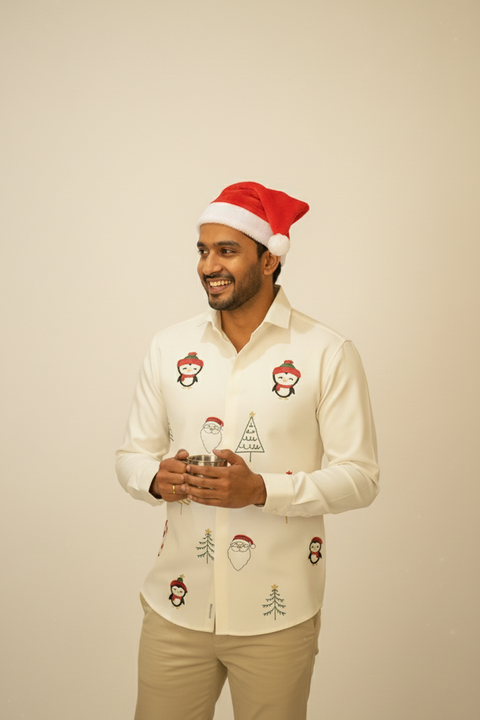 Merry Motifs β Cream Festive Embroidered Armani Fabric Shirt