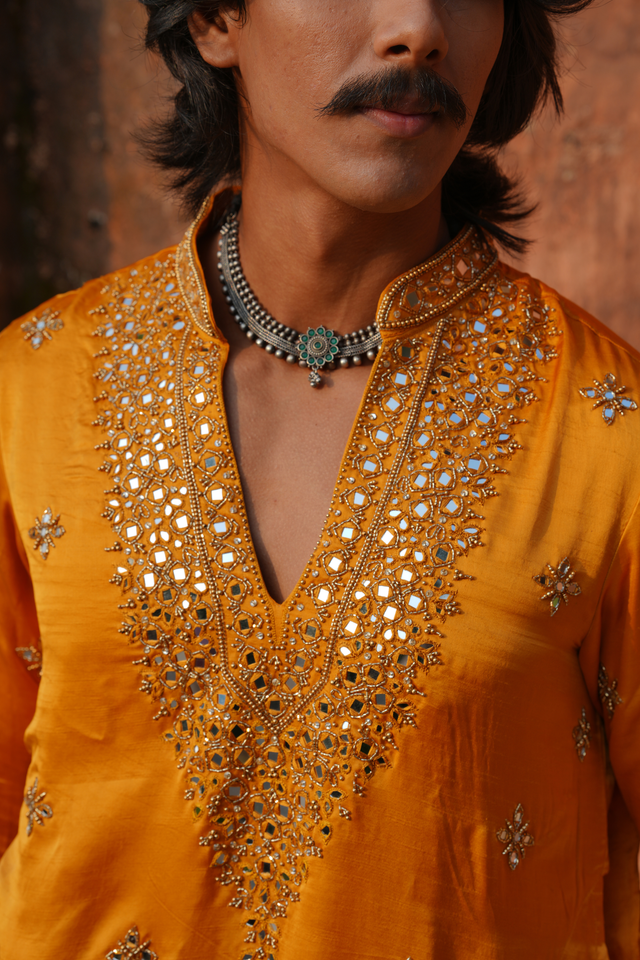 Varchas — Marigold Mirror & Zari Embroidered Raw Silk Satin Kurta