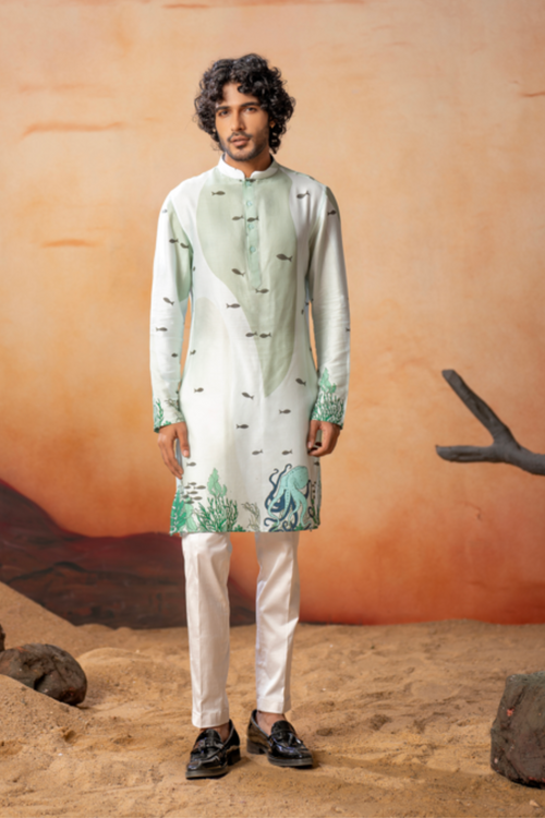Oceanic — Sky Blue Marine Print Cotton Kurta