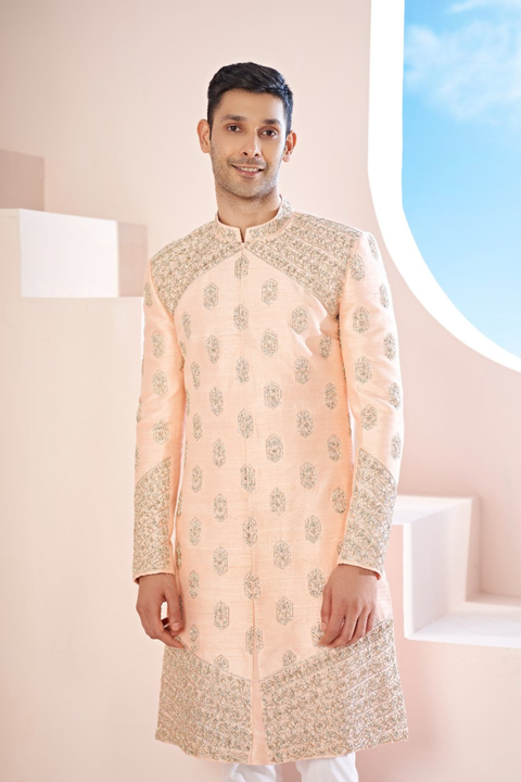Vexella β Peach Hand Embroidered Raw Silk Sherwani