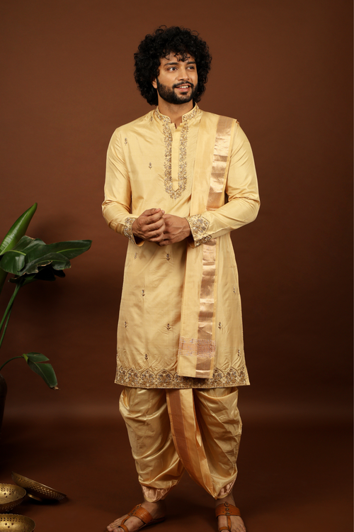 Dorado — Rose Gold Hand Embroidered Pattu Kurta Set