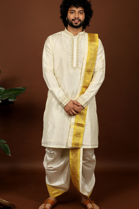 Heuso — Off-White Gold Thread Embroidered Pattu Kurta Set