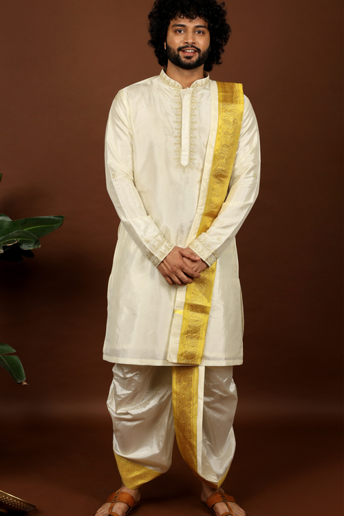Heuso — Off-White Gold Thread Embroidered Pattu Kurta Set