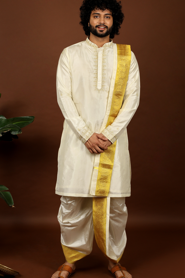 Heuso — Off-White Gold Thread Embroidered Pattu Kurta Set