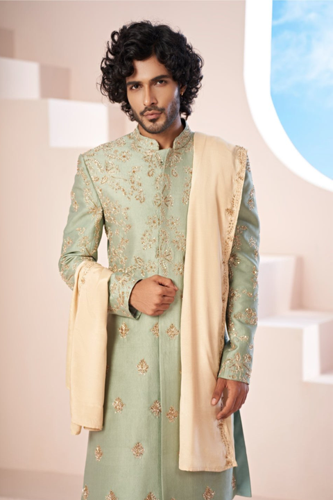 Aurelin β Olive Green Hand Embroidered Dupion Silk Sherwani