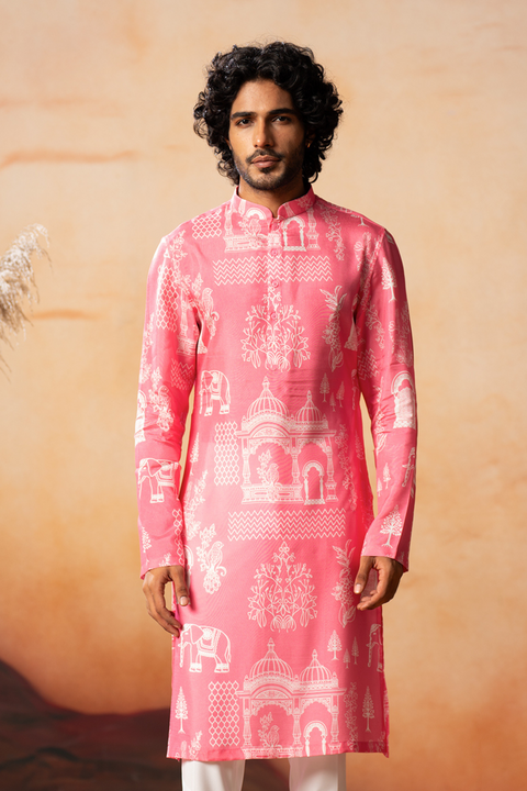 Arco — Pink Botanical Print Russian Silk Kurta