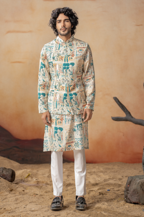 Vanya — Ivory Nature Printed Russian Silk Nehru Jacket Set