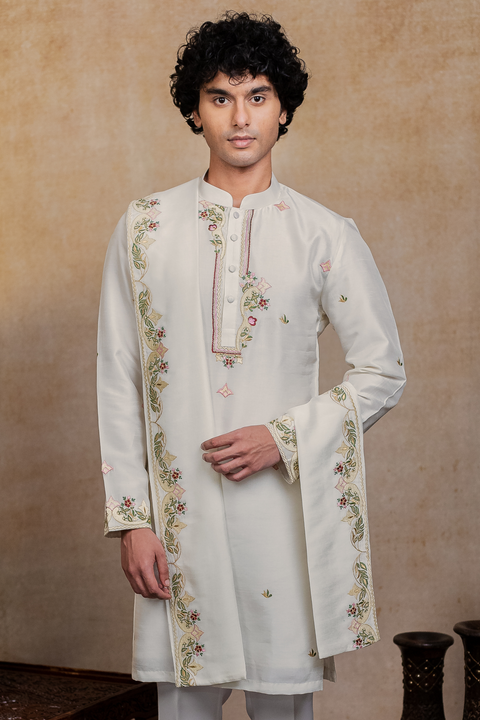 Geometric Symphony β Geometric Embroidered Falling Raw Silk Kurta