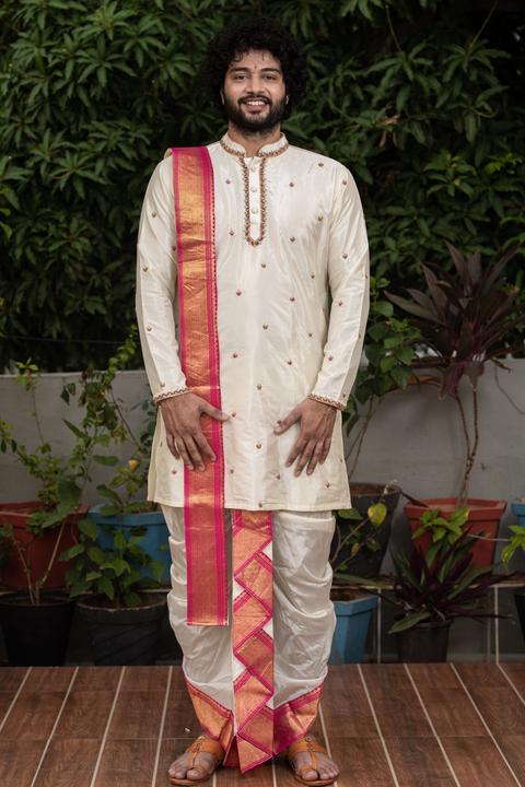 Classic Hand Embroidery — Off-White Pink-Thread Zardozi Pattu Kurta Set