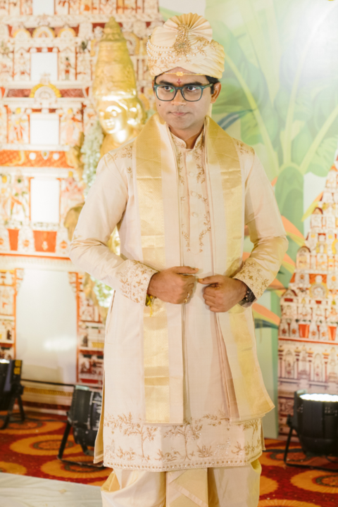 Regal Ivory Gold — Ivory Hand Embroidered Kanchipuram Pattu Kurta Set