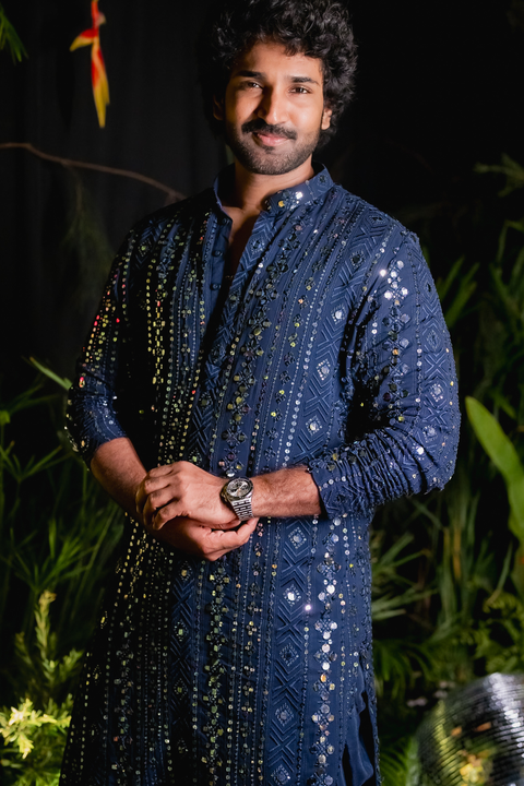 Scrito β Navy Blue Mirror & Sequin Embroidered Silk Kurta