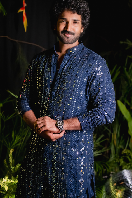Scrito — Navy Blue Mirror & Sequin Embroidered Silk Kurta