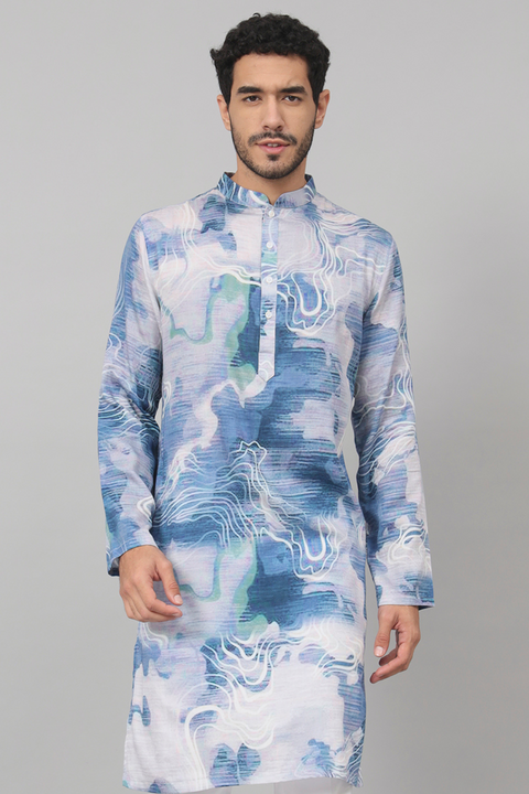 Marbre — Blue Marble Print Silk Kurta