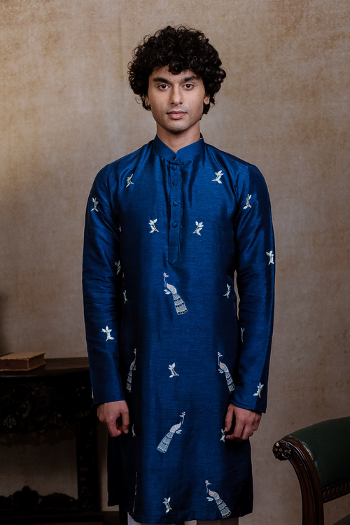 Neel Mayura — Teal Blue Peacock Embroidered Falling Raw Silk Kurta