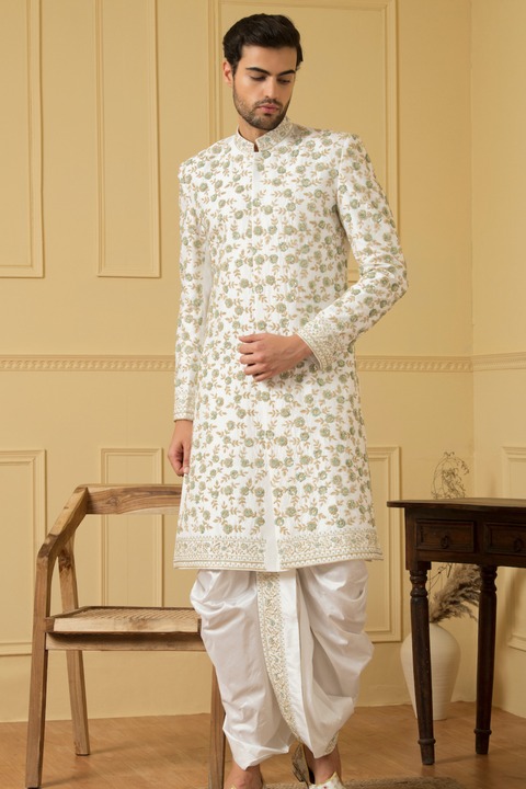 Verde — Off White Hand Embroidered Dupion Silk Sherwani