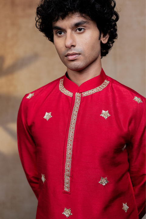 Kumkuma β Crimson Red Zari Embroidered Falling Raw Silk Kurta