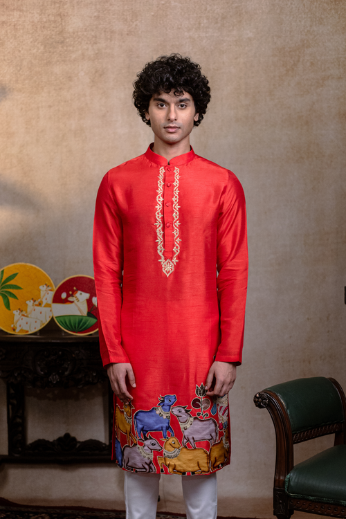 Padma Gopala — Red Krishna Mural Falling Raw Silk Kurta