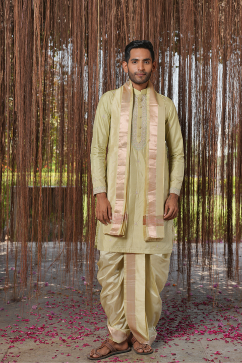 Thirunaal Kanjivaram — Olive Thread Embroidered Kanjivaram Pattu Silk Kurta Set