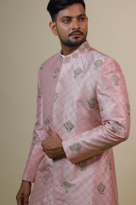 Light Coral — Coral Hand Embroidered Raw Silk Sherwani