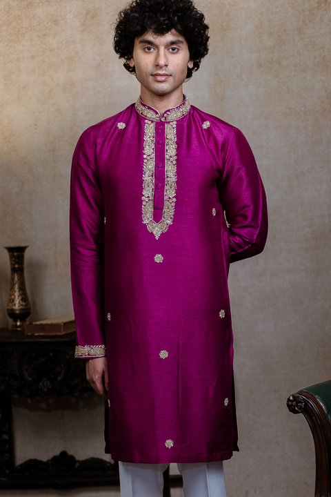 Rajyog β Magenta Zari Embroidered Falling Raw Silk Kurta