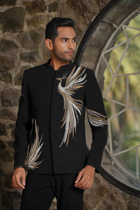 Skyflare β Black Metallic Peacock Embroidered British Suede Suiting Bandhgala